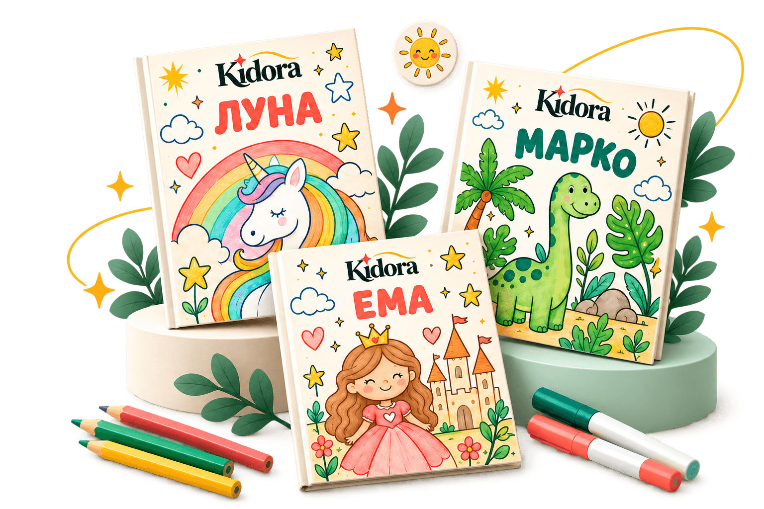 Персонализирани Kidora боенки: Луна со еднорог, Марко со диносаурус и Ема со принцеза, со боички и фломастери.